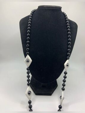 VTG Hematite And Milk Glass Beaded Hand-Knotted Necklace 30”